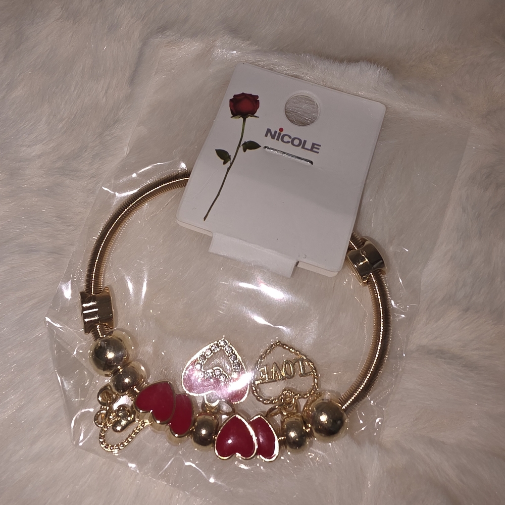 Nicole Gold Bracelet with Red Heart Charms